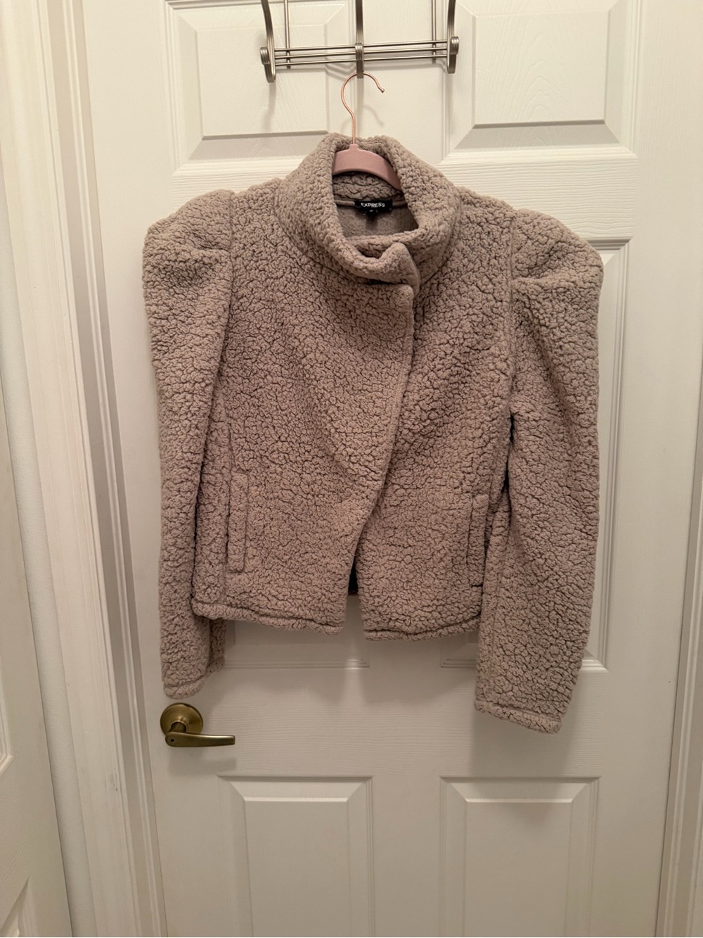 Express Taupe Teddy Sherpa Jacket - Cozy Funnel Collar